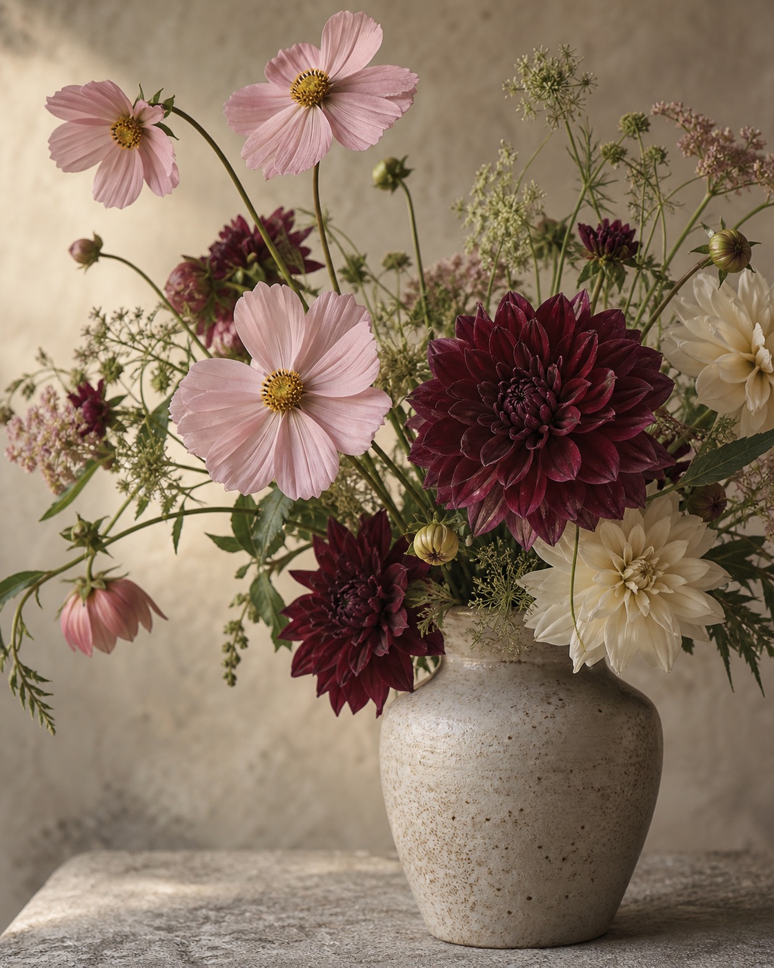 Blomsterarrangemang med mörkröda, rosa och vita blommor.